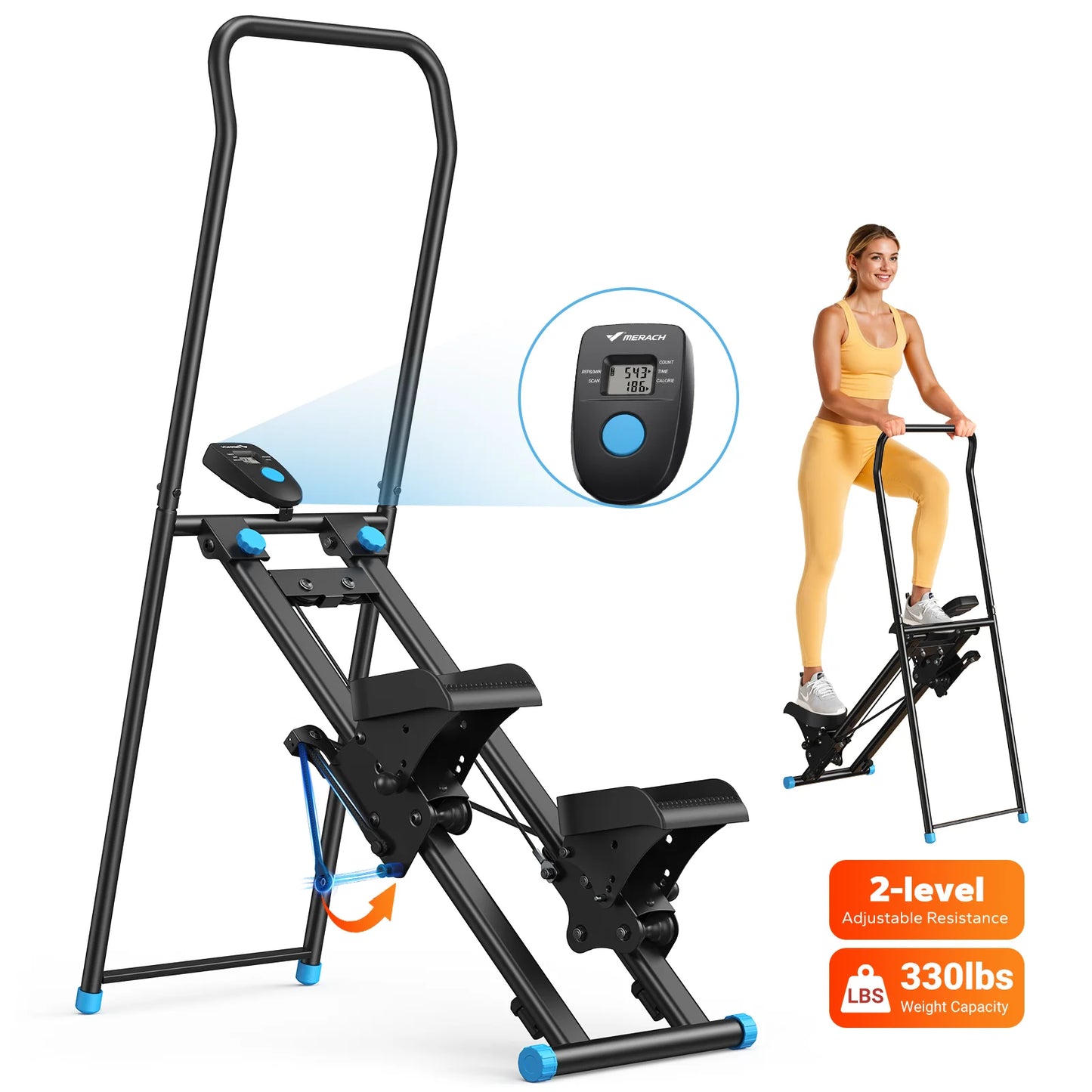 Stair Stepper for Home Gym Exercise, New Version Stairmaster for Full-Body Workout, Compact Folding Stair Climber with Extended Step Range, Adjustable Handlebar/Pedal