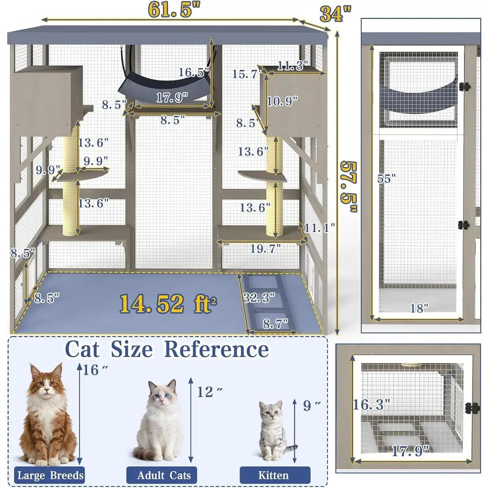 Catio Outdoor Cat Enclosure for Multiple Cats, Walk-in Cat House, Window , Platforms, 2 Rooms, 2 Scratch Posts, Hammock,