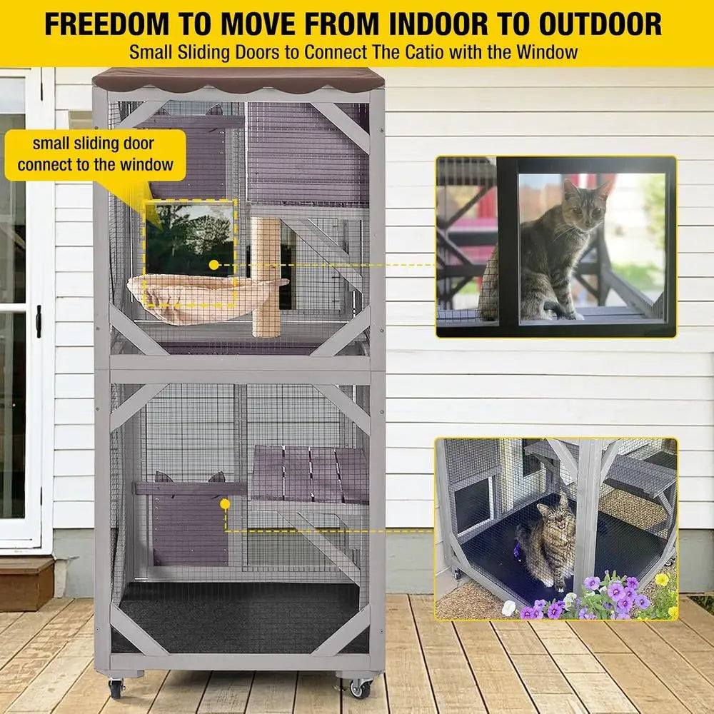 Cat House Outdoor Catio or Catis Mobile Enclosures on Wheels Large Cat Cage with Waterproo Cover,Resting House,62.8"