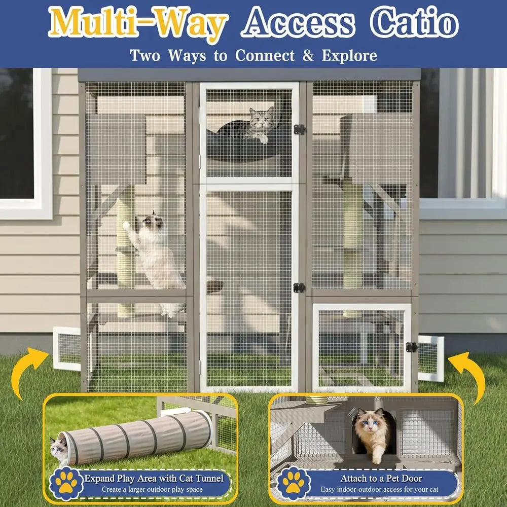 Catio Outdoor Cat Enclosure for Multiple Cats, Walk-in Cat House, Window , Platforms, 2 Rooms, 2 Scratch Posts, Hammock,