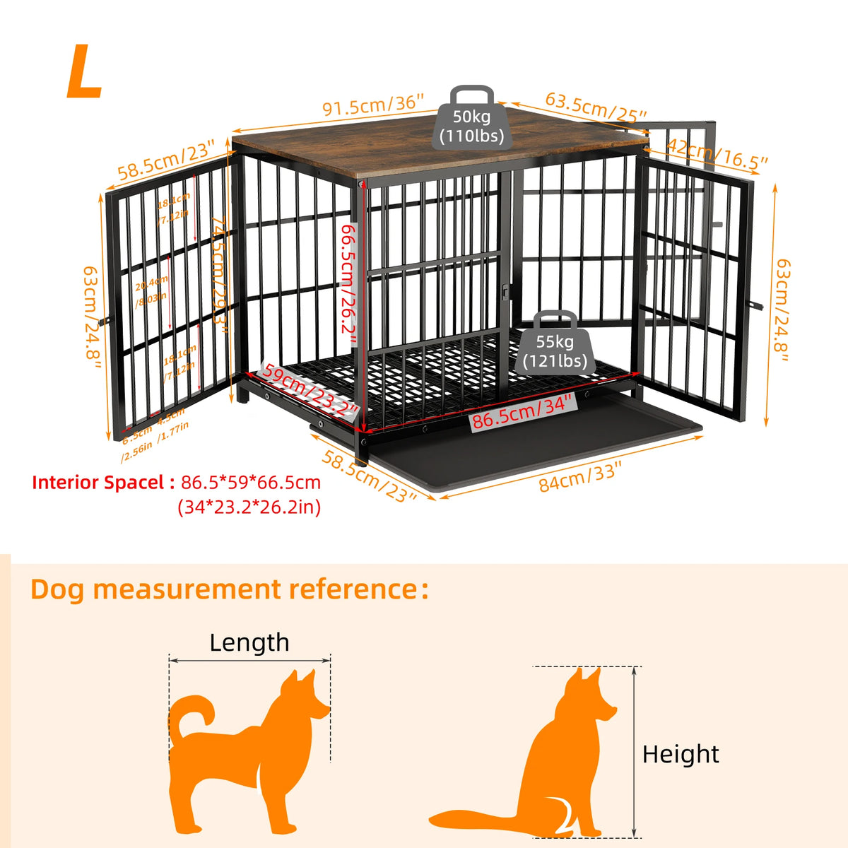 M/L/XL/2XL Dog Crate Cage Furniture Wooden Pet Kennel Table with Three Doors and Removable Tray,Decorative Side End Table