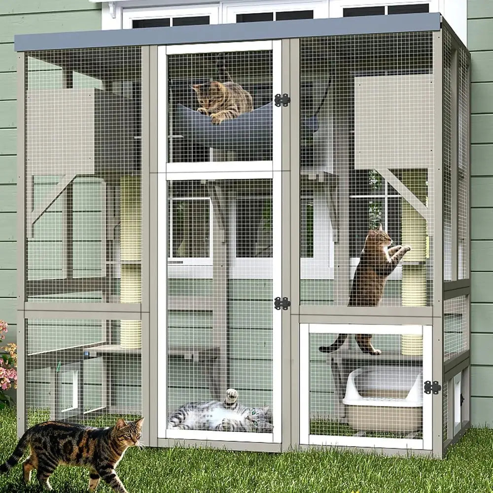 Catio Outdoor Cat Enclosure for Multiple Cats, Walk-in Cat House, Window , Platforms, 2 Rooms, 2 Scratch Posts, Hammock,