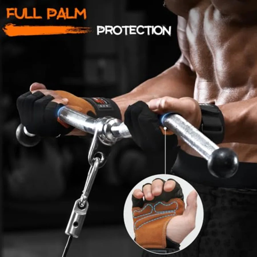Workout Gloves, Heavy Duty Cowhide Padded Weight Lifting Gloves with Wrist Support, Full Palm Protection and Silicone Grips/ Gym
