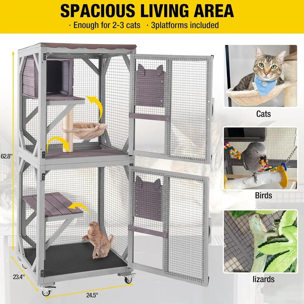 Cat House Outdoor Catio or Catis Mobile Enclosures on Wheels Large Cat Cage with Waterproo Cover,Resting House,62.8"