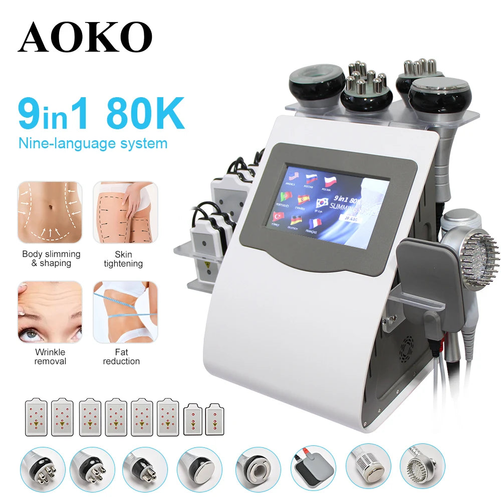 AOKO 9 in 1 Tool 80K Cavitation Ultrasonic Body Slimming Machine Multi-Polar Radio Anti-Wrinkle Rejuvenation Skin Lift Tighten