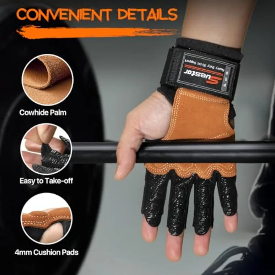 Workout Gloves, Heavy Duty Cowhide Padded Weight Lifting Gloves with Wrist Support, Full Palm Protection and Silicone Grips/ Gym