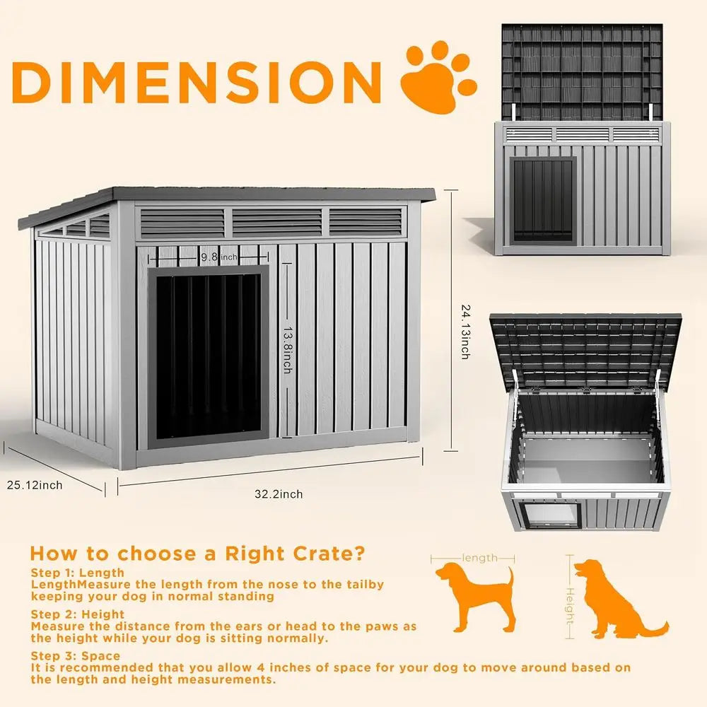 Dog House Outdoor, Indoor Dog House Medium Size Dog with Weatherproof PP Resin Material, Doghouse Outdoor with Openable Roof