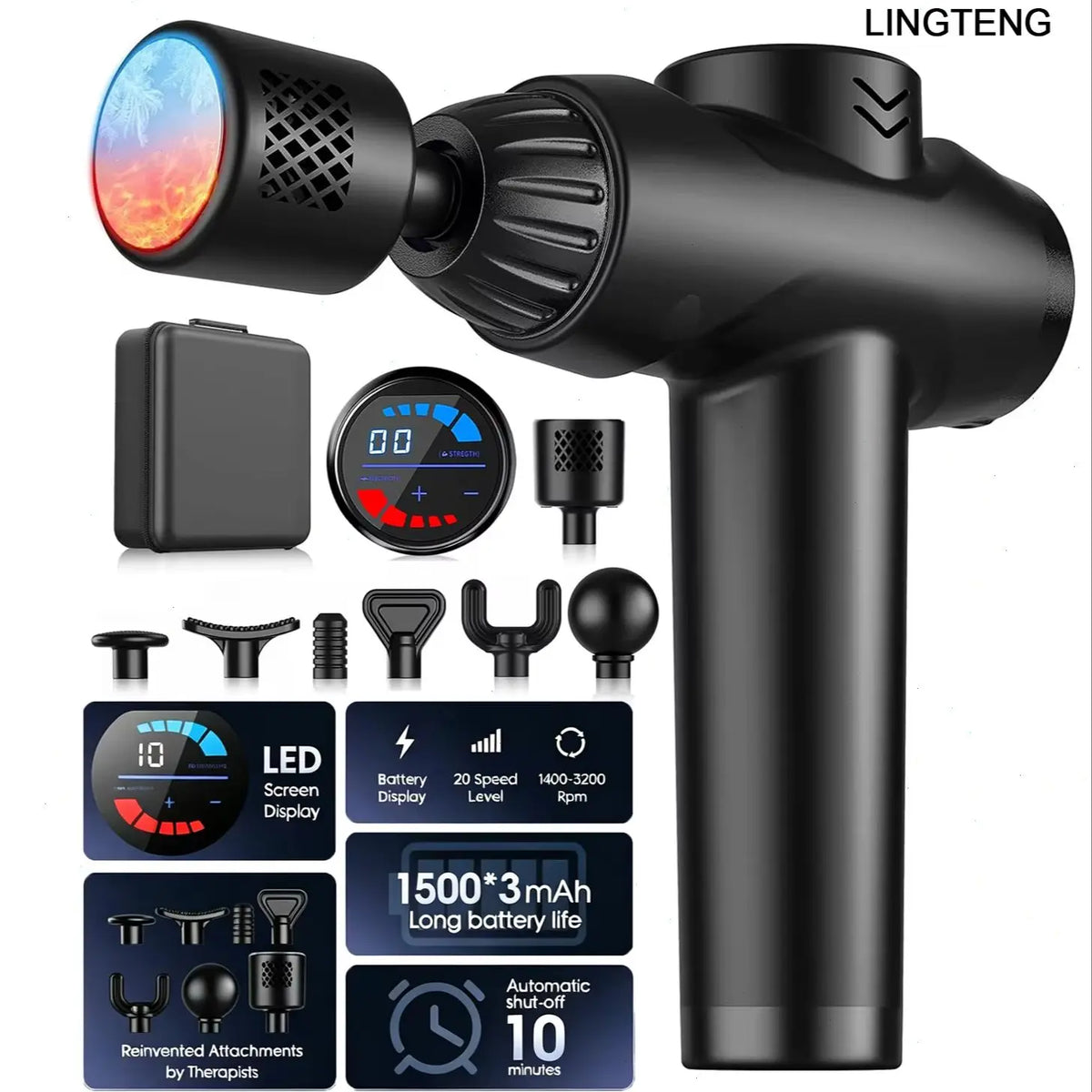 LINGTENG Massage Gun with Hot and Cold Functions, Deep Tissue Massage Gun, Back and Neck Massager, Muscle Percussion Massager, Handheld Massager, 7 Massage Heads, Comes with Storage Case.