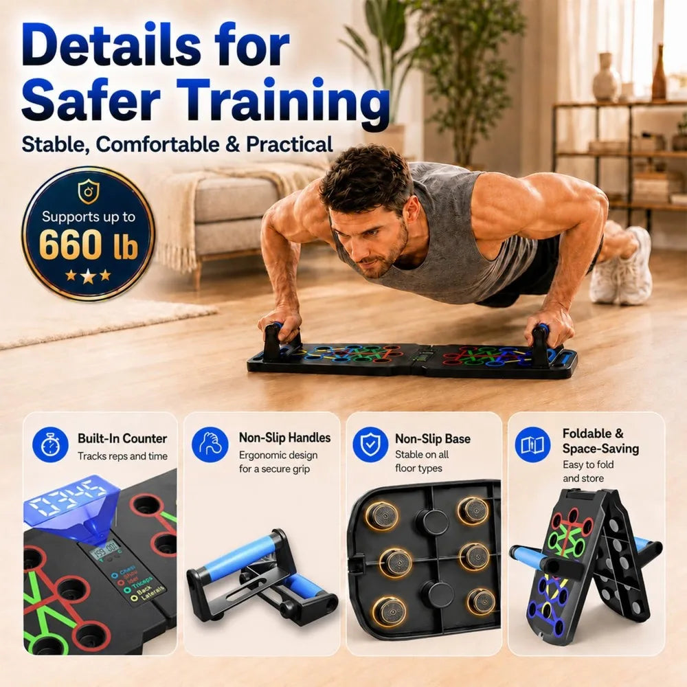 Smart Push Up Board with Counter, Foldable Home Workout Equipment, Non-Slip Handles for Chest, Shoulders, Back & Triceps