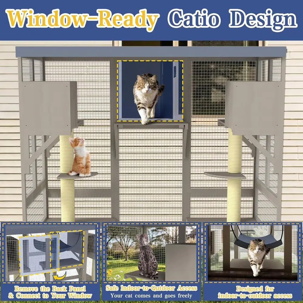 Catio Outdoor Cat Enclosure for Multiple Cats, Walk-in Cat House, Window , Platforms, 2 Rooms, 2 Scratch Posts, Hammock,