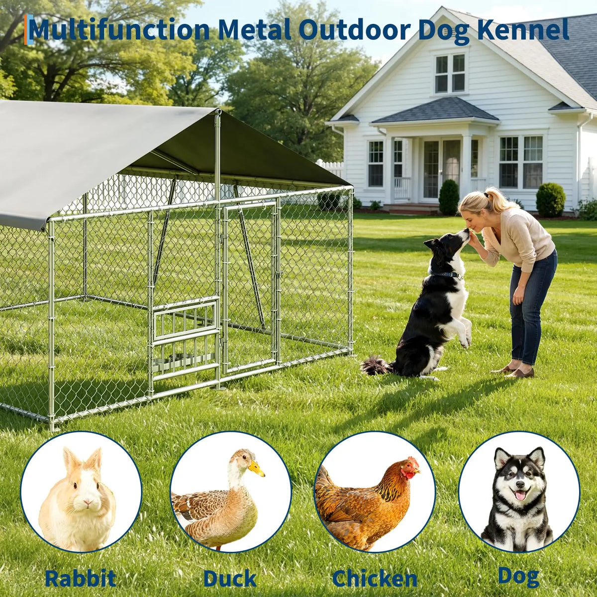 10x10x5.9FT Outside Dog Enclosure With PE Waterproof Roof, 360° Feeding Door, Heavy Duty Lockable Galvanized Kennel