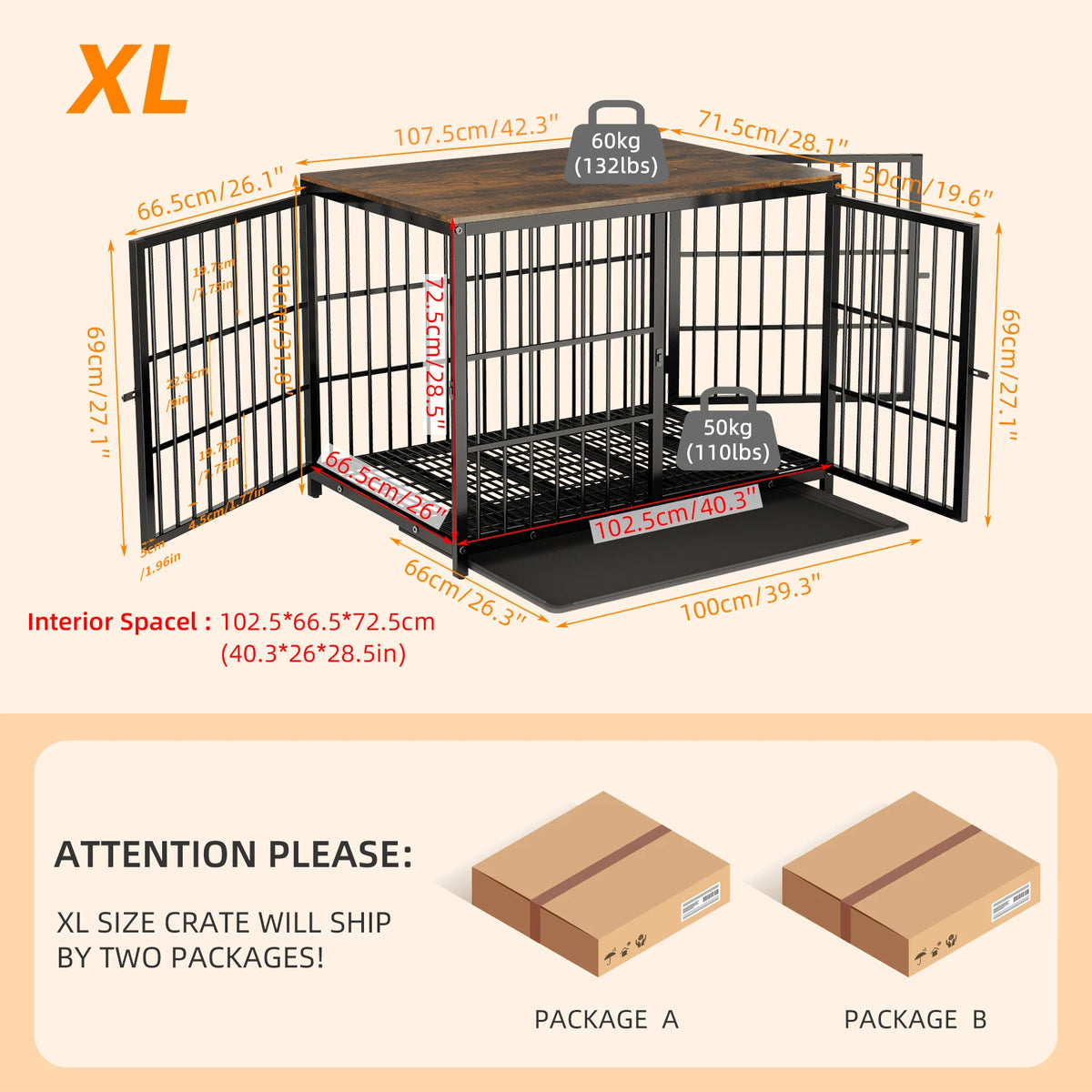 M/L/XL/2XL Dog Crate Cage Furniture Wooden Pet Kennel Table with Three Doors and Removable Tray,Decorative Side End Table