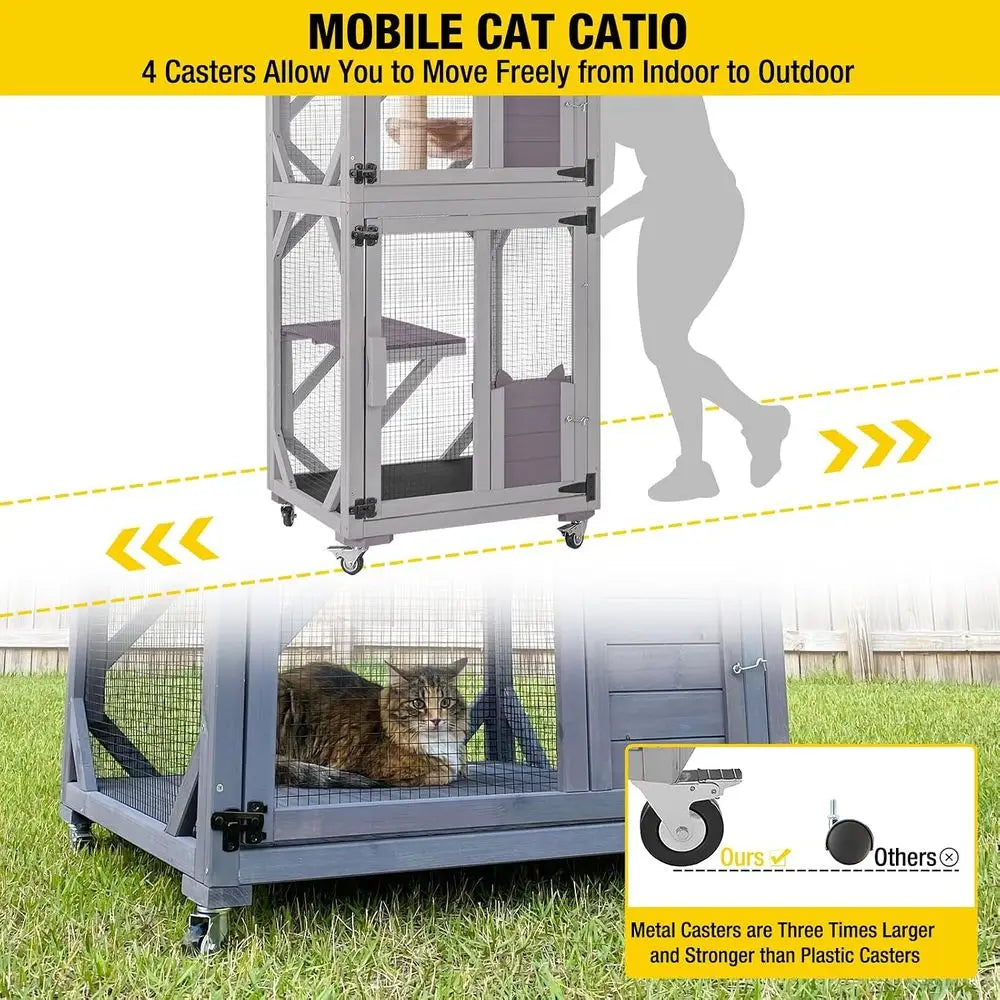 Cat House Outdoor Catio or Catis Mobile Enclosures on Wheels Large Cat Cage with Waterproo Cover,Resting House,62.8"