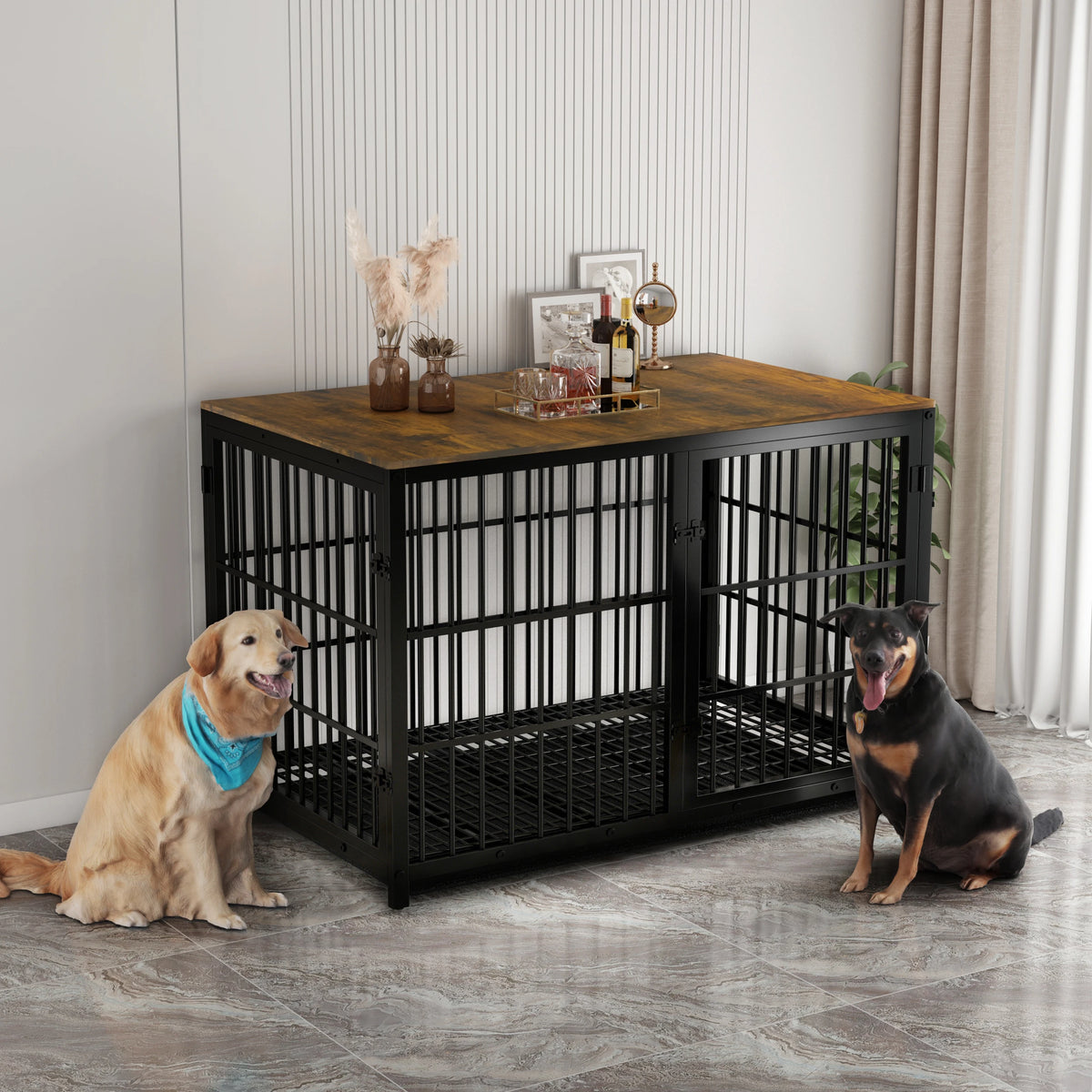 M/L/XL/2XL Dog Crate Cage Furniture Wooden Pet Kennel Table with Three Doors and Removable Tray,Decorative Side End Table