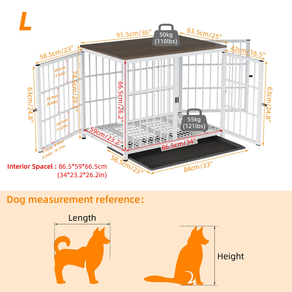 M/L/XL/2XL Dog Crate Cage Furniture Wooden Pet Kennel Table with Three Doors and Removable Tray,Decorative Side End Table