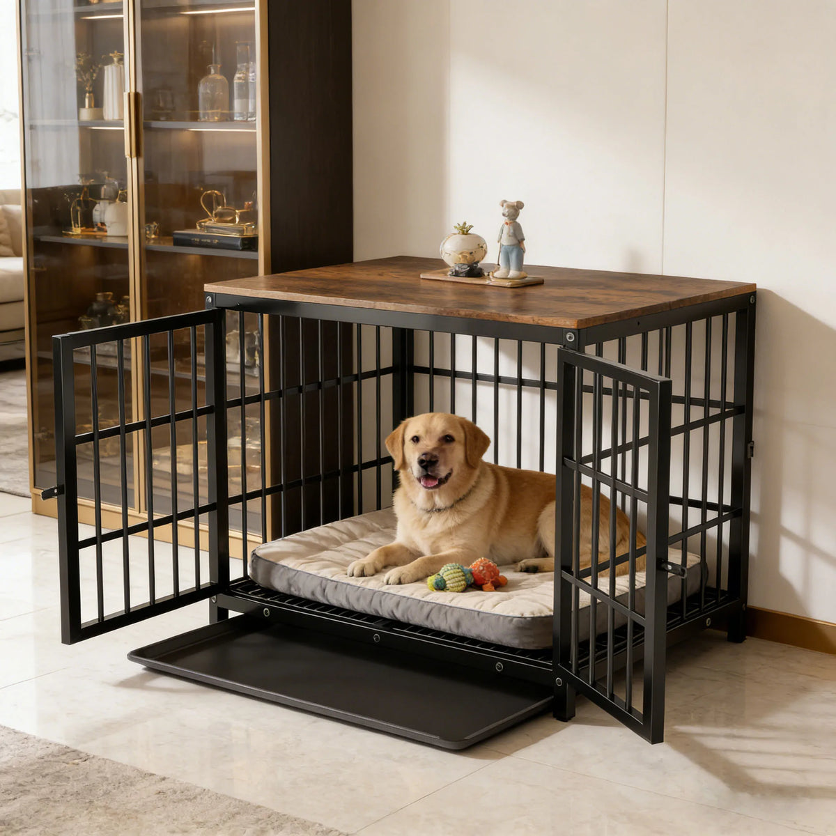 M/L/XL/2XL Dog Crate Cage Furniture Wooden Pet Kennel Table with Three Doors and Removable Tray,Decorative Side End Table