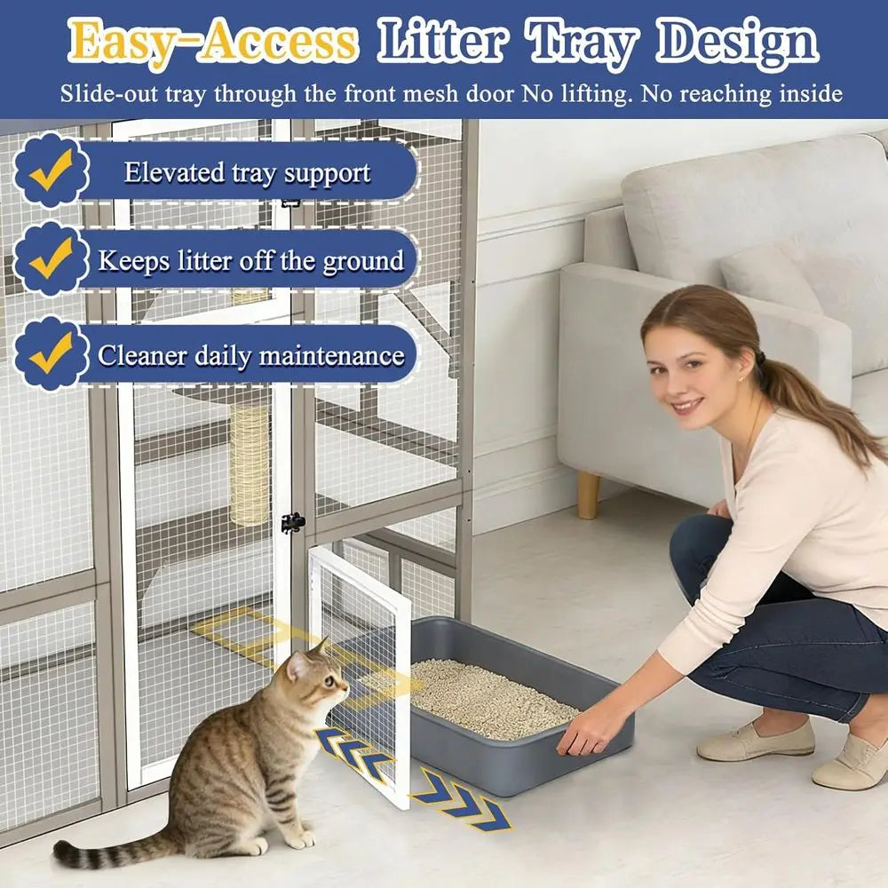 Catio Outdoor Cat Enclosure for Multiple Cats, Walk-in Cat House, Window , Platforms, 2 Rooms, 2 Scratch Posts, Hammock,