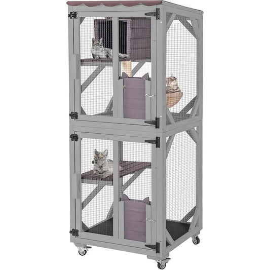 Cat House Outdoor Catio or Catis Mobile Enclosures on Wheels Large Cat Cage with Waterproo Cover,Resting House,62.8"